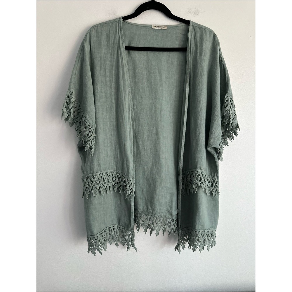 Valentina Naldi 100% Linen Open-Front Crochet-Trim Tunic in Sage Green Size OS
